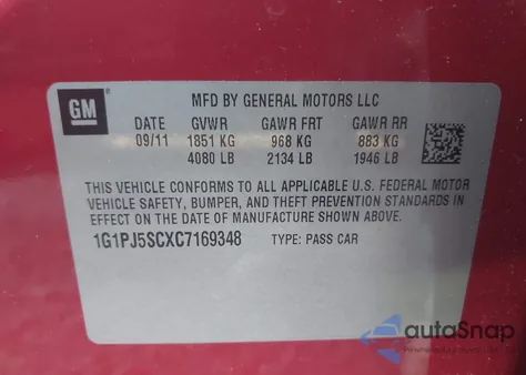 2012 Chevrolet Cruze Eco z USA, uszkodzony, nr VIN 1G1PJ5SCXC7169348